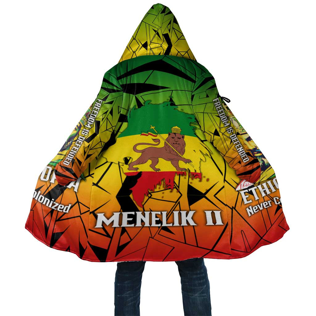 Menelik II Cloak with Crowned Portrait, Ethiopia Never Colonized Text and Pan-African Abstract - Wonder Print Shop