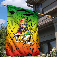 Menelik II Garden Flag with Crowned Portrait, Ethiopia Never Colonized Text and Pan-African Abstract - Wonder Print Shop