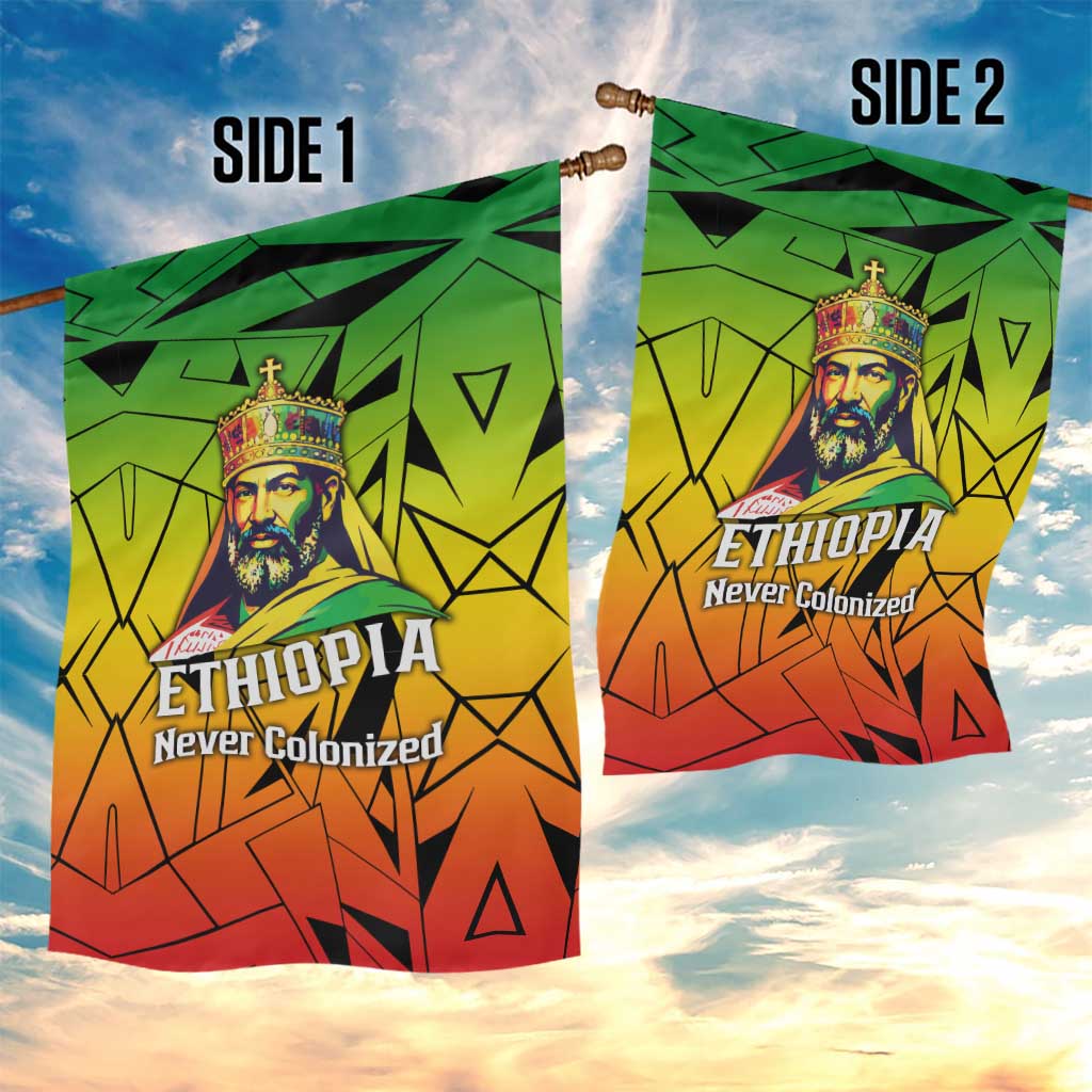 Menelik II Garden Flag with Crowned Portrait, Ethiopia Never Colonized Text and Pan-African Abstract - Wonder Print Shop