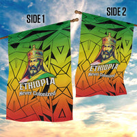 Menelik II Garden Flag with Crowned Portrait, Ethiopia Never Colonized Text and Pan-African Abstract - Wonder Print Shop