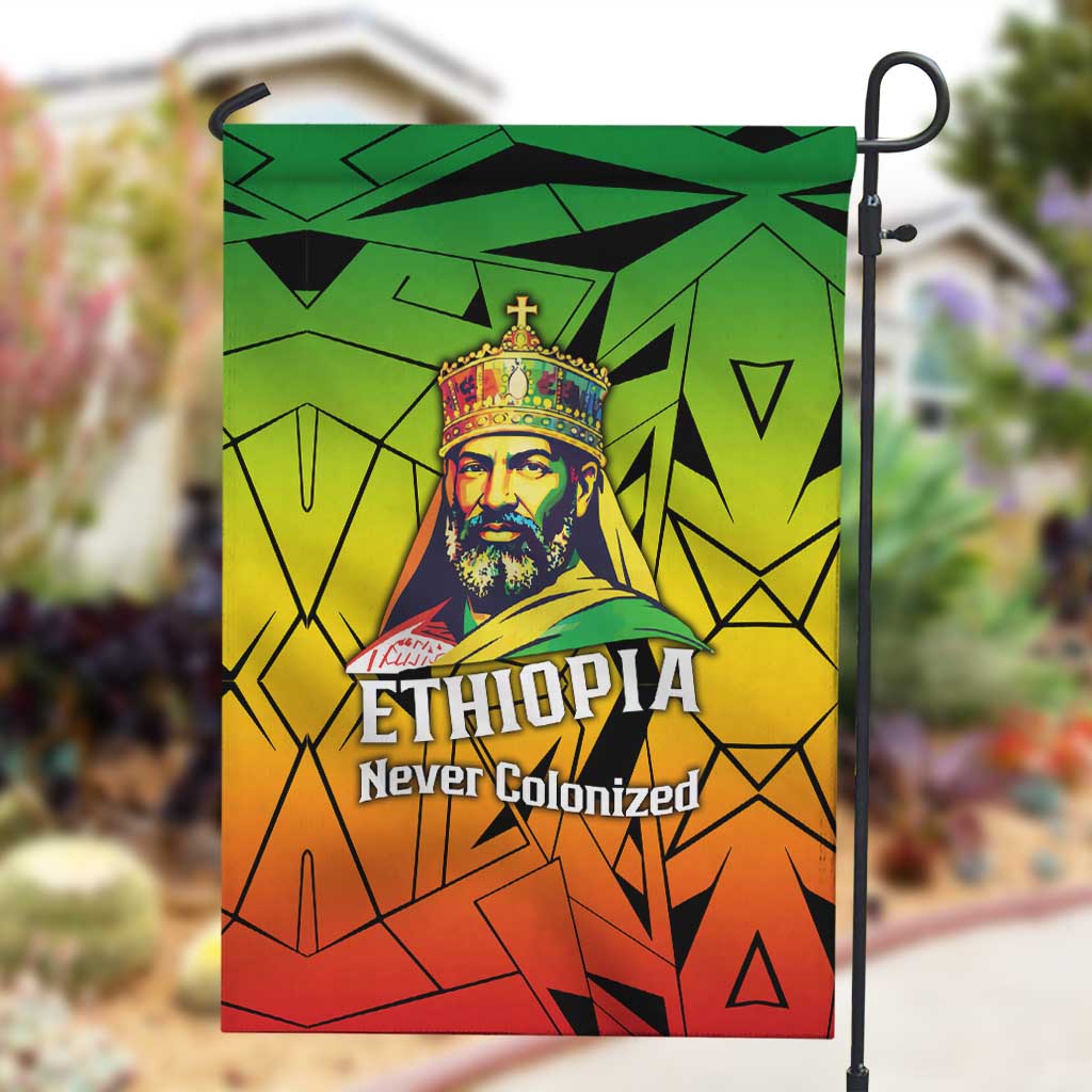 Menelik II Garden Flag with Crowned Portrait, Ethiopia Never Colonized Text and Pan-African Abstract - Wonder Print Shop