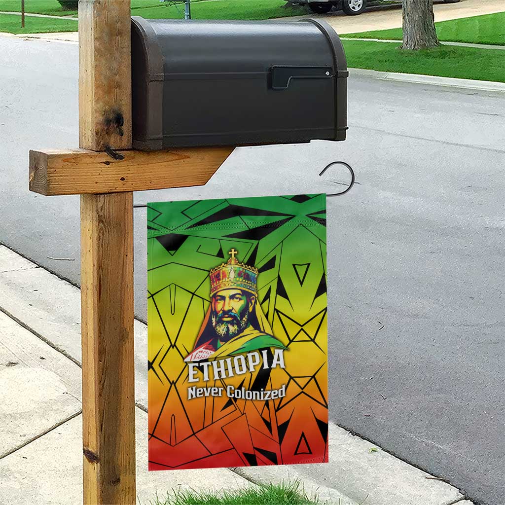 Menelik II Garden Flag with Crowned Portrait, Ethiopia Never Colonized Text and Pan-African Abstract - Wonder Print Shop