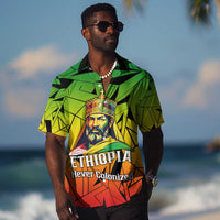 Menelik II Hawaiian Shirt with Crowned Portrait, Ethiopia Never Colonized Text and Pan-African Abstract - Wonder Print Shop