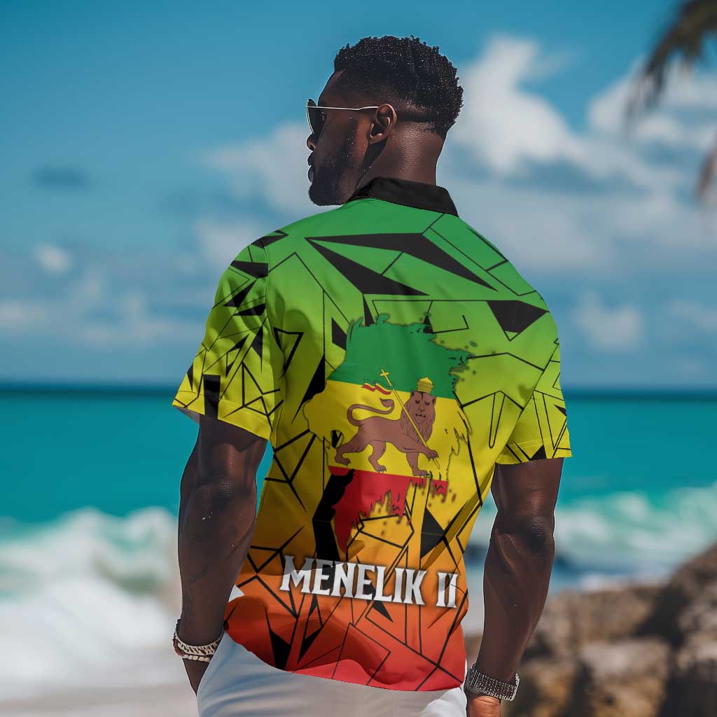 Menelik II Hawaiian Shirt with Crowned Portrait, Ethiopia Never Colonized Text and Pan-African Abstract - Wonder Print Shop