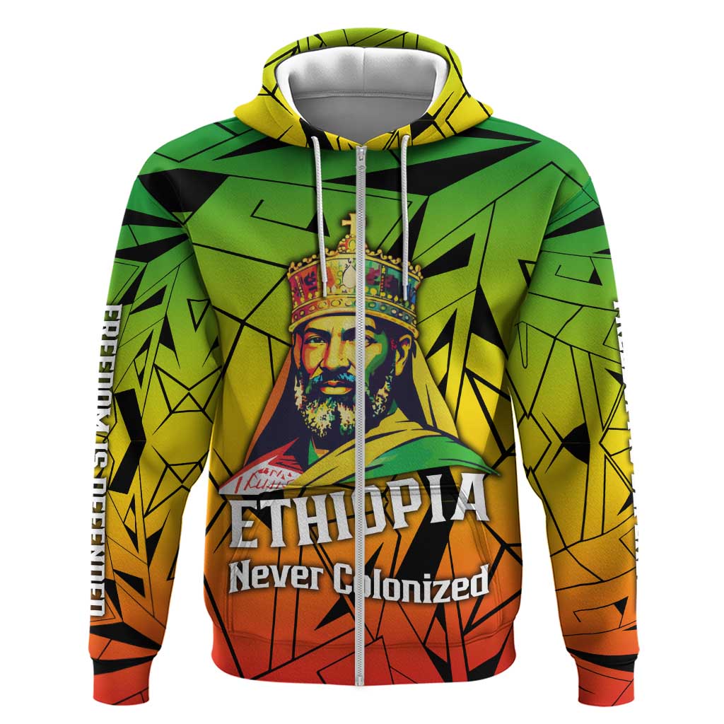 Menelik II Hoodie with Crowned Portrait, Ethiopia Never Colonized Text and Pan-African Abstract - Wonder Print Shop