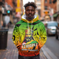 Menelik II Hoodie with Crowned Portrait, Ethiopia Never Colonized Text and Pan-African Abstract - Wonder Print Shop