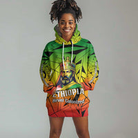 Menelik II Hoodie Dress with Crowned Portrait, Ethiopia Never Colonized Text and Pan-African Abstract - Wonder Print Shop
