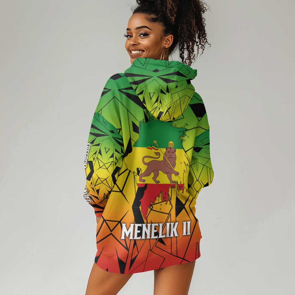 Menelik II Hoodie Dress with Crowned Portrait, Ethiopia Never Colonized Text and Pan-African Abstract - Wonder Print Shop