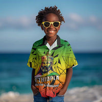 Menelik II Kid Hawaiian Shirt with Crowned Portrait, Ethiopia Never Colonized Text and Pan-African Abstract - Wonder Print Shop
