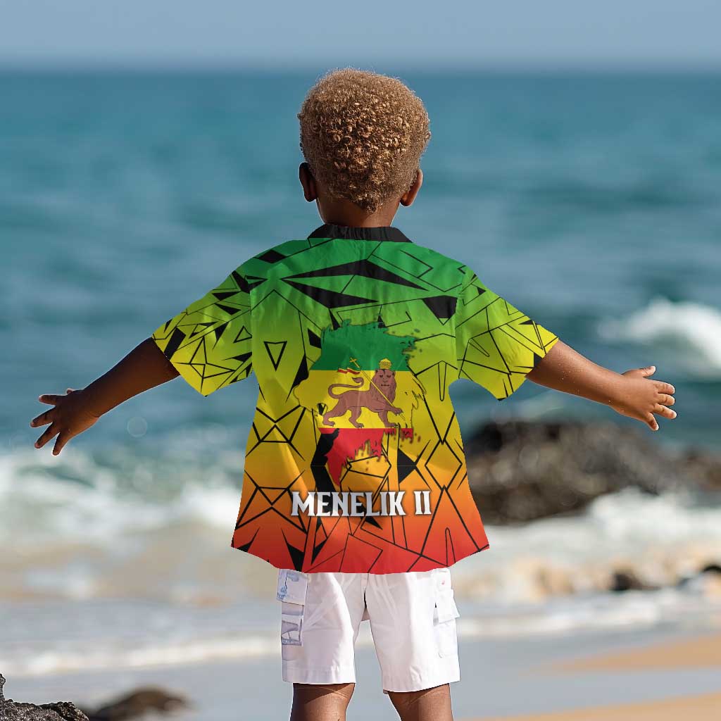 Menelik II Kid Hawaiian Shirt with Crowned Portrait, Ethiopia Never Colonized Text and Pan-African Abstract - Wonder Print Shop