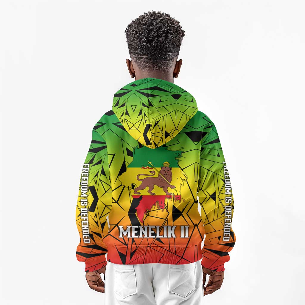 Menelik II Kid Hoodie with Crowned Portrait, Ethiopia Never Colonized Text and Pan-African Abstract - Wonder Print Shop
