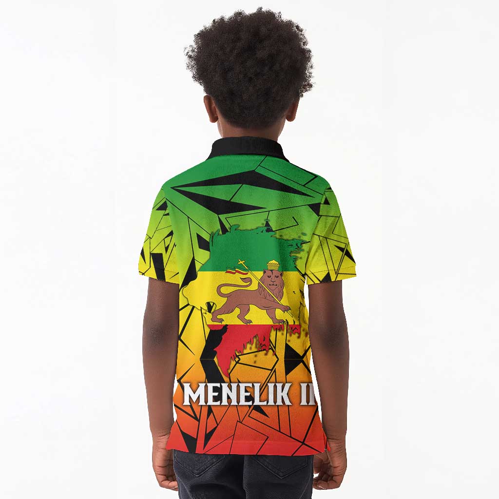 Menelik II Kid Polo Shirt with Crowned Portrait, Ethiopia Never Colonized Text and Pan-African Abstract - Wonder Print Shop