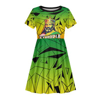 Menelik II Kid Short Sleeve Dress with Crowned Portrait, Ethiopia Never Colonized Text and Pan-African Abstract - Wonder Print Shop