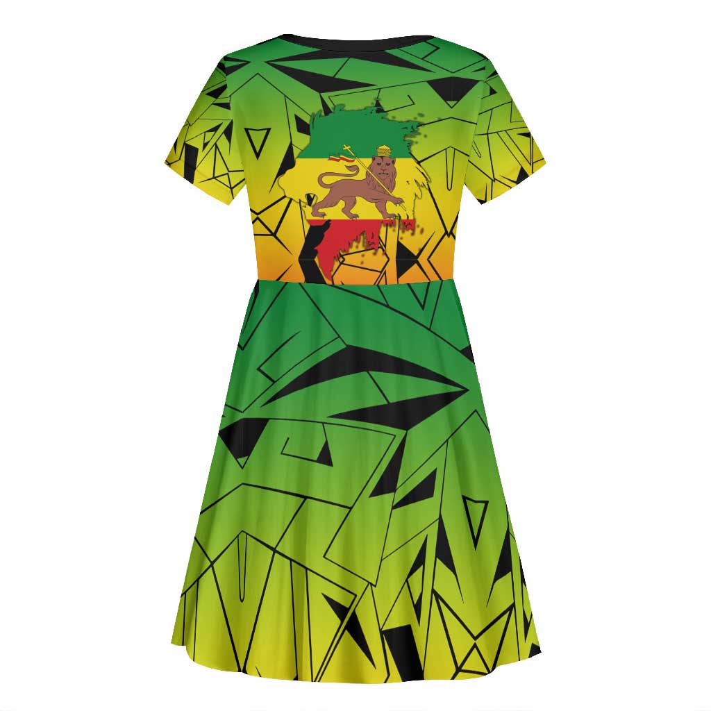 Menelik II Kid Short Sleeve Dress with Crowned Portrait, Ethiopia Never Colonized Text and Pan-African Abstract - Wonder Print Shop