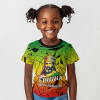 Menelik II Kid T shirt with Crowned Portrait, Ethiopia Never Colonized Text and Pan-African Abstract - Wonder Print Shop