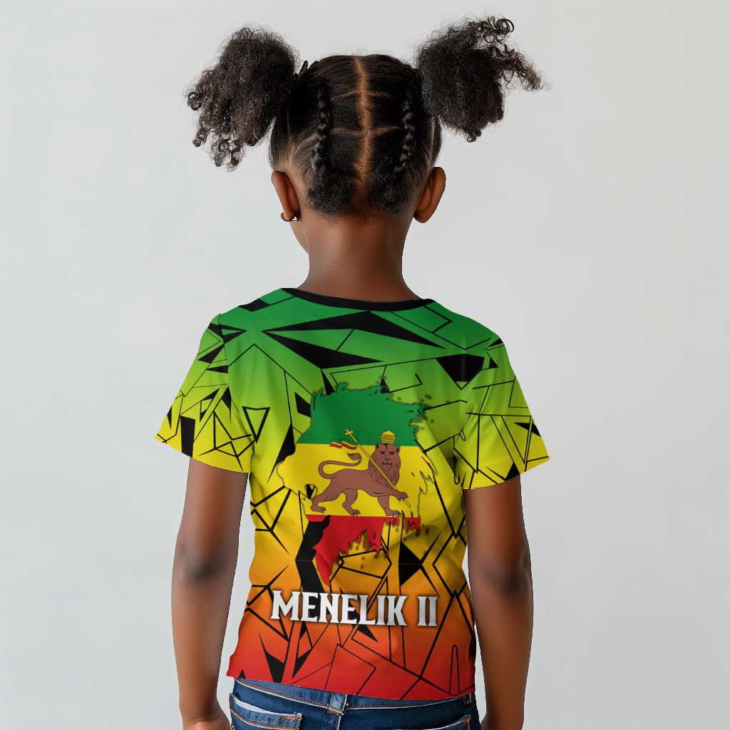 Menelik II Kid T shirt with Crowned Portrait, Ethiopia Never Colonized Text and Pan-African Abstract - Wonder Print Shop