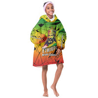 Menelik II Kid Wearable Blanket Hoodie with Crowned Portrait, Ethiopia Never Colonized Text and Pan-African Abstract - Wonder Print Shop