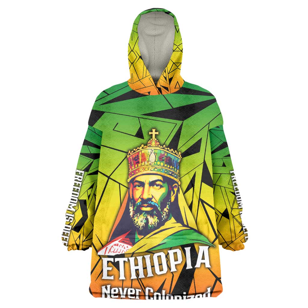 Menelik II Kid Wearable Blanket Hoodie with Crowned Portrait, Ethiopia Never Colonized Text and Pan-African Abstract - Wonder Print Shop
