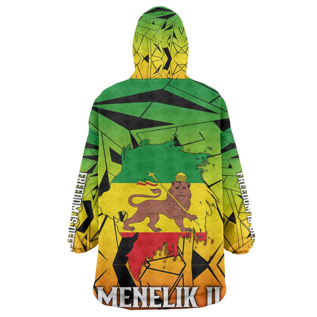 Menelik II Kid Wearable Blanket Hoodie with Crowned Portrait, Ethiopia Never Colonized Text and Pan-African Abstract - Wonder Print Shop