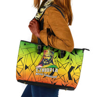 Menelik II Leather Tote Bag with Crowned Portrait, Ethiopia Never Colonized Text and Pan-African Abstract - Wonder Print Shop