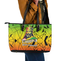 Menelik II Leather Tote Bag with Crowned Portrait, Ethiopia Never Colonized Text and Pan-African Abstract - Wonder Print Shop