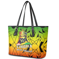 Menelik II Leather Tote Bag with Crowned Portrait, Ethiopia Never Colonized Text and Pan-African Abstract - Wonder Print Shop