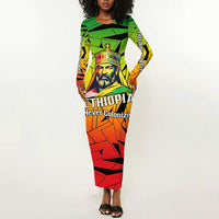 Menelik II Long Sleeve Bodycon Dress with Crowned Portrait, Ethiopia Never Colonized Text and Pan-African Abstract - Wonder Print Shop