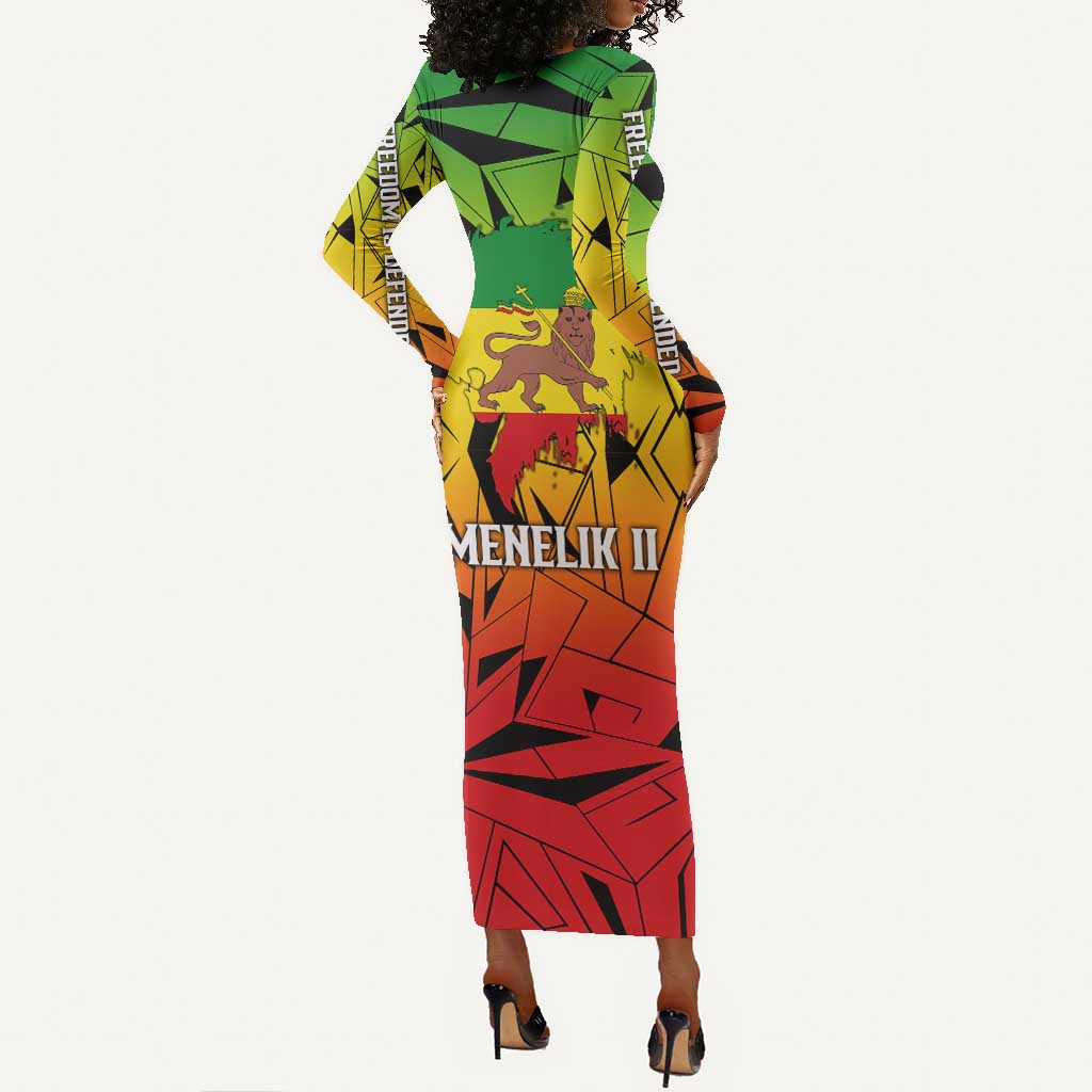 Menelik II Long Sleeve Bodycon Dress with Crowned Portrait, Ethiopia Never Colonized Text and Pan-African Abstract - Wonder Print Shop
