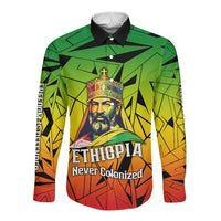 Menelik II Long Sleeve Button Shirt with Crowned Portrait, Ethiopia Never Colonized Text and Pan-African Abstract - Wonder Print Shop