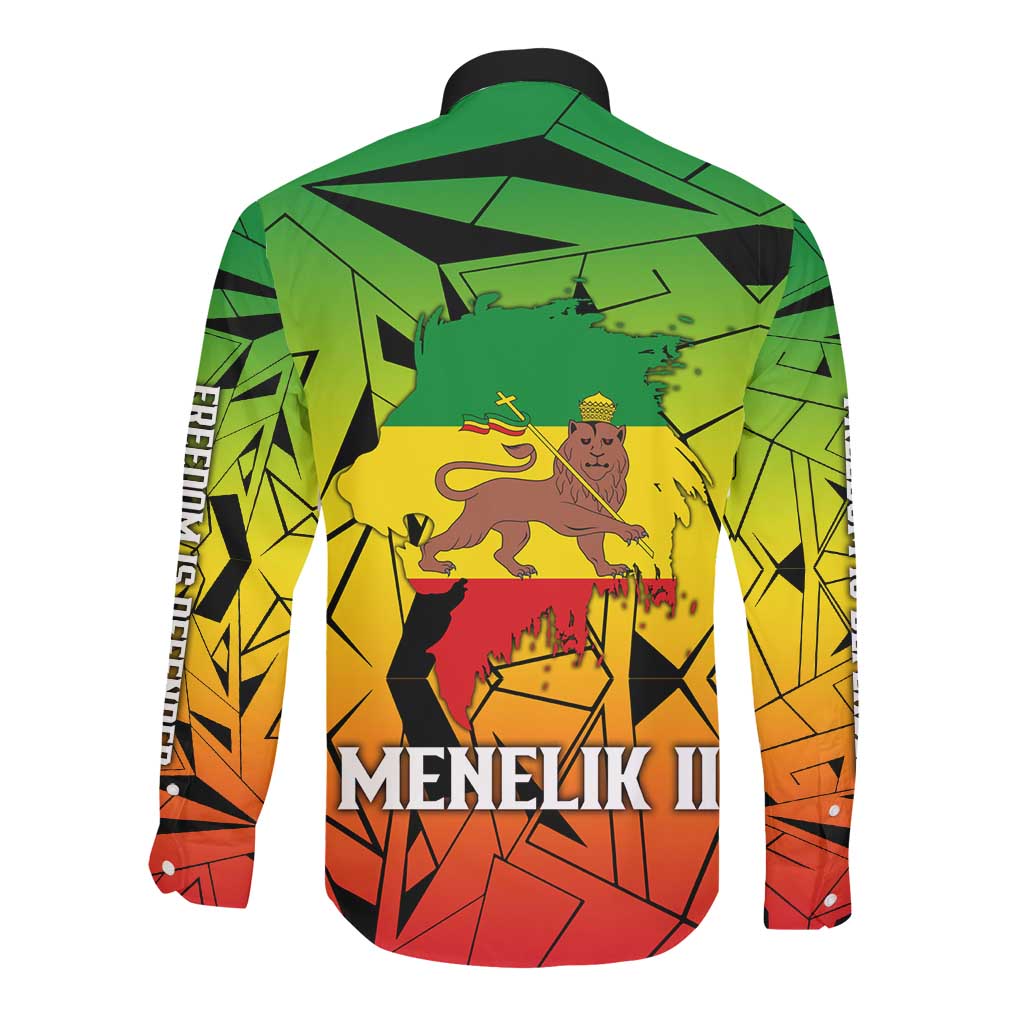 Menelik II Long Sleeve Button Shirt with Crowned Portrait, Ethiopia Never Colonized Text and Pan-African Abstract - Wonder Print Shop