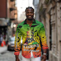 Menelik II Long Sleeve Button Shirt with Crowned Portrait, Ethiopia Never Colonized Text and Pan-African Abstract - Wonder Print Shop