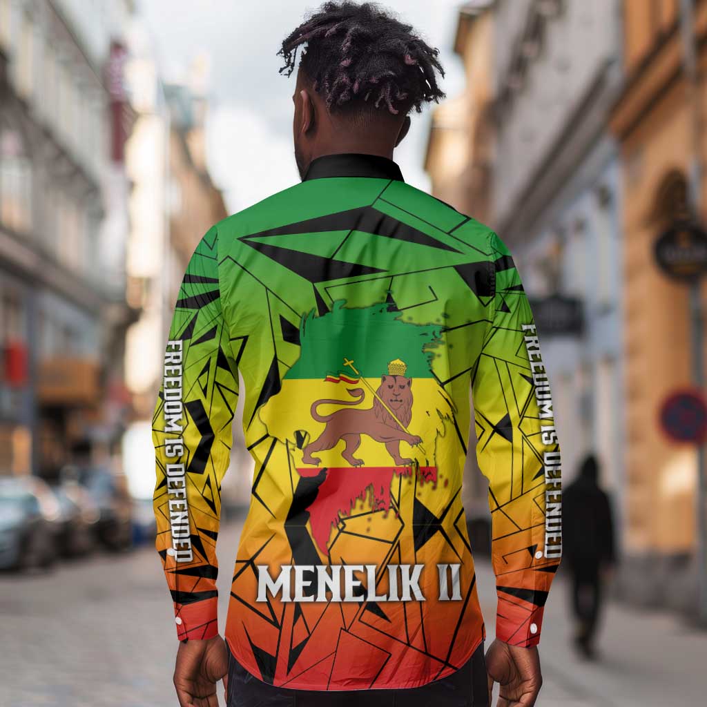 Menelik II Long Sleeve Button Shirt with Crowned Portrait, Ethiopia Never Colonized Text and Pan-African Abstract - Wonder Print Shop