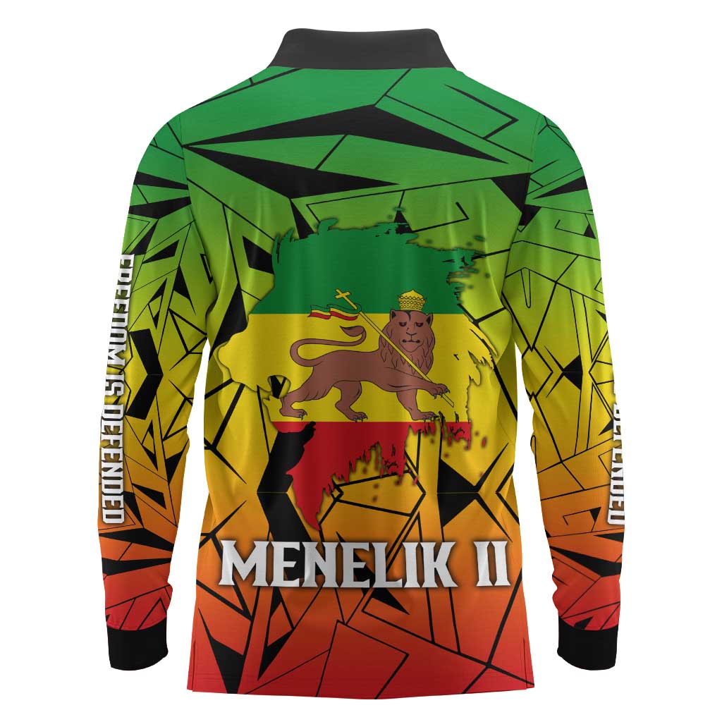 Menelik II Long Sleeve Polo Shirt with Crowned Portrait, Ethiopia Never Colonized Text and Pan-African Abstract - Wonder Print Shop