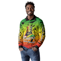Menelik II Long Sleeve Polo Shirt with Crowned Portrait, Ethiopia Never Colonized Text and Pan-African Abstract - Wonder Print Shop