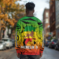 Menelik II Long Sleeve Shirt with Crowned Portrait, Ethiopia Never Colonized Text and Pan-African Abstract - Wonder Print Shop