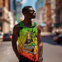 Menelik II Men Tank Top with Crowned Portrait, Ethiopia Never Colonized Text and Pan-African Abstract - Wonder Print Shop