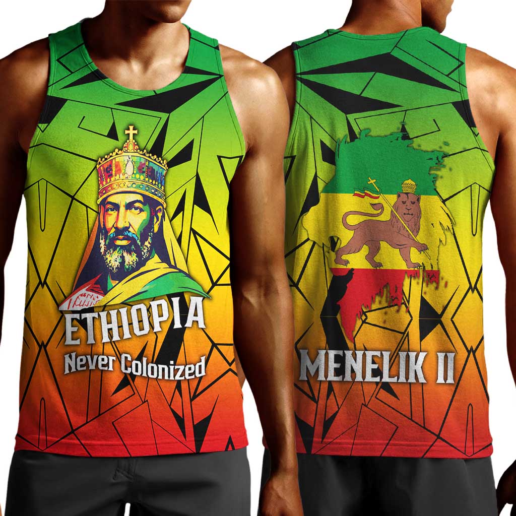 Menelik II Men Tank Top with Crowned Portrait, Ethiopia Never Colonized Text and Pan-African Abstract - Wonder Print Shop