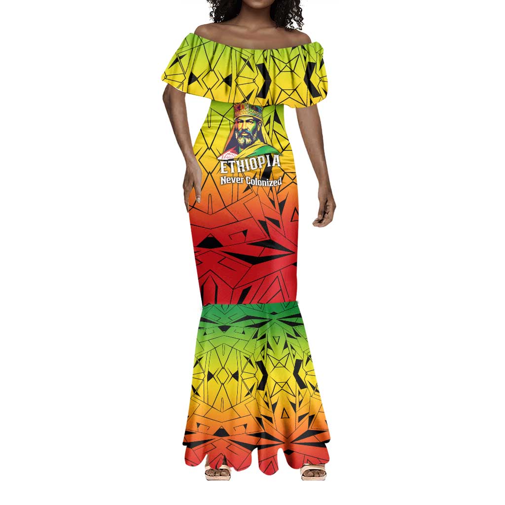 Menelik II Mermaid Dress with Crowned Portrait, Ethiopia Never Colonized Text and Pan-African Abstract - Wonder Print Shop
