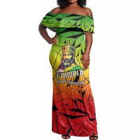 Menelik II Off Shoulder Maxi Dress with Crowned Portrait, Ethiopia Never Colonized Text and Pan-African Abstract - Wonder Print Shop