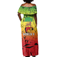 Menelik II Off Shoulder Maxi Dress with Crowned Portrait, Ethiopia Never Colonized Text and Pan-African Abstract - Wonder Print Shop