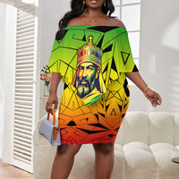 Menelik II Off Shoulder Short Dress with Crowned Portrait, Ethiopia Never Colonized Text and Pan-African Abstract - Wonder Print Shop
