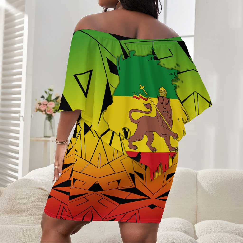 Menelik II Off Shoulder Short Dress with Crowned Portrait, Ethiopia Never Colonized Text and Pan-African Abstract - Wonder Print Shop