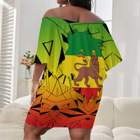 Menelik II Off Shoulder Short Dress with Crowned Portrait, Ethiopia Never Colonized Text and Pan-African Abstract - Wonder Print Shop