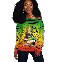 Menelik II Off Shoulder Sweater with Crowned Portrait, Ethiopia Never Colonized Text and Pan-African Abstract - Wonder Print Shop