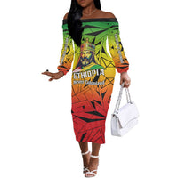 Menelik II Off The Shoulder Long Sleeve Dress with Crowned Portrait, Ethiopia Never Colonized Text and Pan-African Abstract - Wonder Print Shop