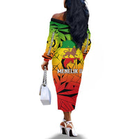 Menelik II Off The Shoulder Long Sleeve Dress with Crowned Portrait, Ethiopia Never Colonized Text and Pan-African Abstract - Wonder Print Shop