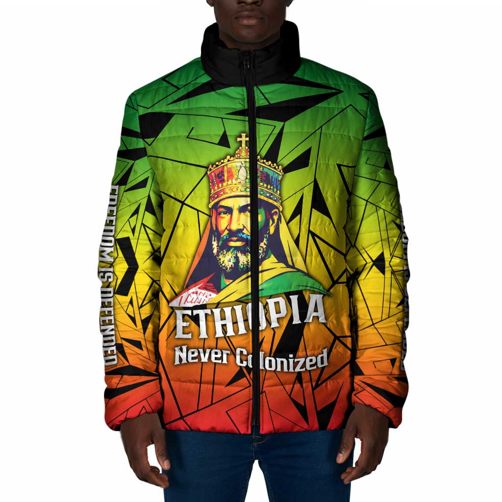 Menelik II Padded Jacket with Crowned Portrait, Ethiopia Never Colonized Text and Pan-African Abstract - Wonder Print Shop
