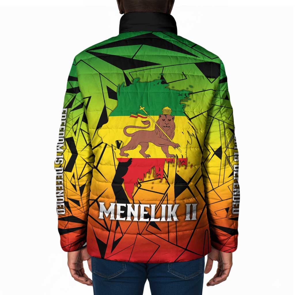 Menelik II Padded Jacket with Crowned Portrait, Ethiopia Never Colonized Text and Pan-African Abstract - Wonder Print Shop