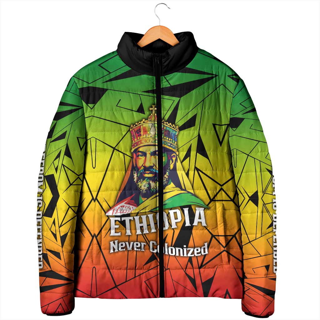 Menelik II Padded Jacket with Crowned Portrait, Ethiopia Never Colonized Text and Pan-African Abstract - Wonder Print Shop