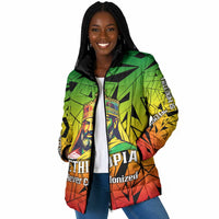 Menelik II Padded Jacket with Crowned Portrait, Ethiopia Never Colonized Text and Pan-African Abstract - Wonder Print Shop